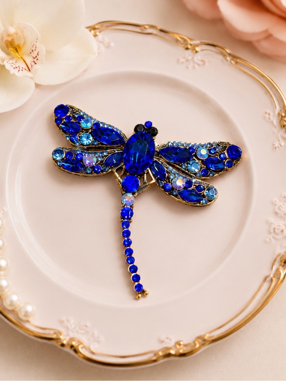 Brooch Dragon Fly Deep Royal Blue Tones Rhinestones Gold Setting Statement - Picture 1 of 8